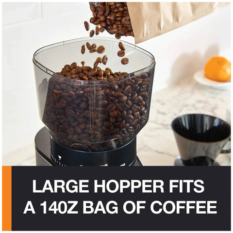 Hella Precise Automatic Coffee Grinder With Built In Scale And Thirty Nine Custom Settings For Bang Perfect Home Brews Solid Daily Ritual With Fourteen Oz Bean Hopper Sleek Black Design with large hopper filled with coffee beans.