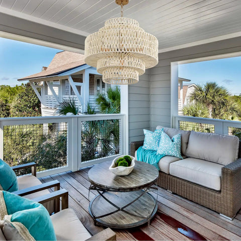 Huge White Rattan Chandelier With 6 Lights Hand Woven 5 Tier Pendant Light in a sunroom setting, adjustable height up to 70 inches.