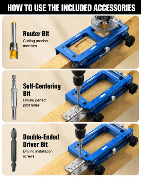 How to use the included accessories for All In One Door Prep System With Adjustable Hinge Jig And Lock Installation Kit For DIY Folks.
