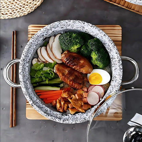 Heavy Duty Thick Granite Stone Bowl With Wood Base And Glass Lid Induction Ready Donabe Style Pot For Bibimbap Rice Bowls 30 Cm filled with colorful ingredients