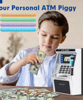 Child using ATM Style Piggy Bank For Kids With Real Money Deposits Debit Card Access Bill Feeder Coin Recognition Digital Balance Calculator Electronic Savings Safe Box