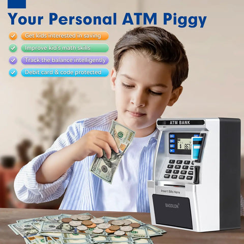 Child using ATM Style Piggy Bank For Kids With Real Money Deposits Debit Card Access Bill Feeder Coin Recognition Digital Balance Calculator Electronic Savings Safe Box