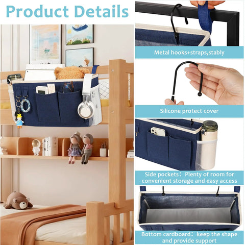 Bedside Caddy Hanging Organizer For Beds And Rails, navy blue canvas with pockets for glasses, books, phones, dorm rooms