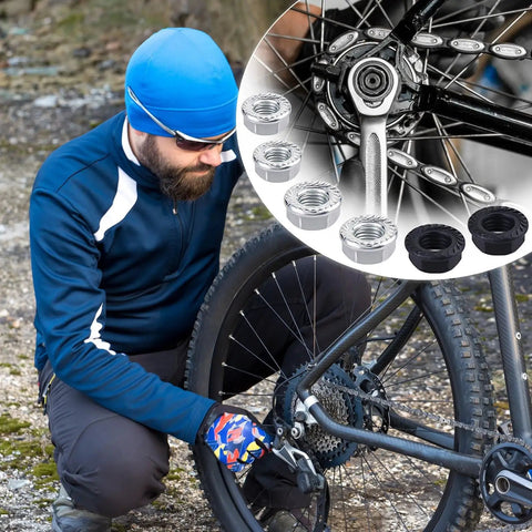 Cyclist repairing bike using Must Have Mountain Bike Axle Nut And Safety Washer Kit With M8 M9.5 M10 Nuts And Washers