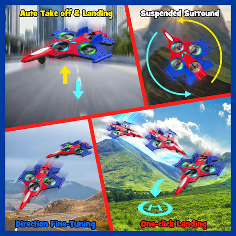 Spider Mini Drone Foam RC Plane with LED lights showing auto takeoff, fine-tuning, and landing capabilities over varied landscapes.