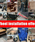 Installation views of 10 Inch Tough As Nails Heavy Duty Swivel Plate Casters With Double Ball Bearings on carts and furniture.