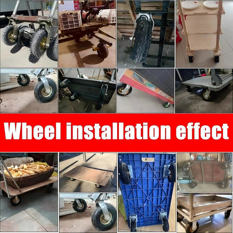 Installation views of 10 Inch Tough As Nails Heavy Duty Swivel Plate Casters With Double Ball Bearings on carts and furniture.