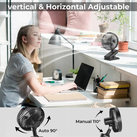 10000mAh Clip On Fan With 42 Hour Run Time Beast Mode Cooling Quiet Auto Oscillating Desk Fan on a desk near a laptop