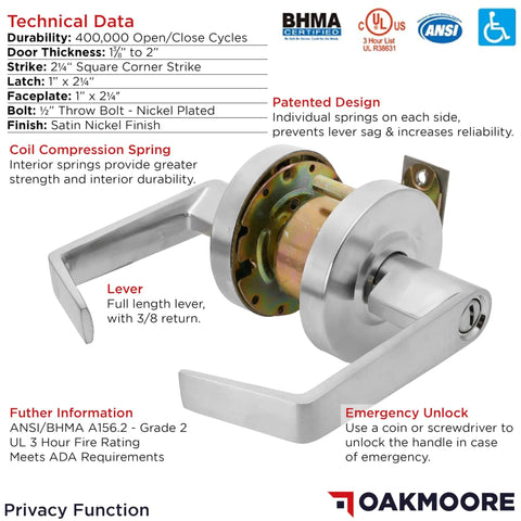 Built Tough Privacy Door Lever for Commercial Bathrooms, Grade 2 Restroom Lock, nickel chrome finish, ADA compliant, UL CUL listed