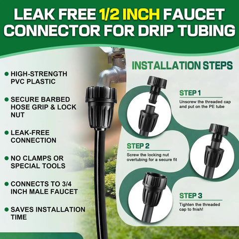 Leak-free half inch faucet connector for drip tubing with installation steps for an all in one drip irrigation starter kit.