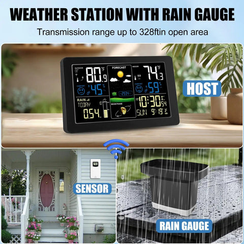 All In One Weather Station With Rain Gauge And Wireless Indoor Outdoor Sensors, Digital Thermometer Barometer Hygrometer, Atomic Clock, Real Time Forecasts And Alerts For Home Garden placed on table, rain gauge on patio.