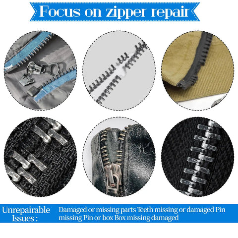 Zipper Repair Kit 62 Piece Metal Zipper Parts Retainer Box Zipper Pull Replacement Top Stop Bottom Stop Fix Zipper Head