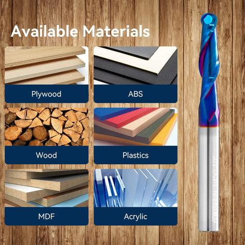 Two Piece Ball Nose End Mill Set For CNC Router Bits, Carbide With Nano Blue Coating, materials for milling shown on right