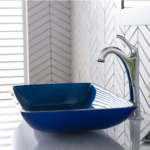 Rectangular Blue Glass Vessel Sink For Bathroom 22 Inch Above Counter Design Scratch Resistant And Easy Clean Interior Coordinates With Wall Mount Or Vessel Faucets For A Sleek Dope Modern Look in stylish bathroom setting