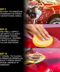 Steps to use Scratch Out Liquid Car Scratch Remover and Polishing Compound, showing buffing and wiping process on red car