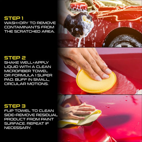 Steps to use Scratch Out Liquid Car Scratch Remover and Polishing Compound, showing buffing and wiping process on red car
