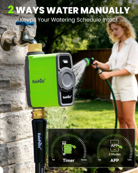 WiFi Water Timer For Garden Hose And Sprinkler System With Smart Valve, Automatic Drip Irrigation in use on garden wall