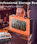 Person holding an orange storage case containing the Crimping Tool Kit With Six Interchangeable Jaws Quick Change Ratchet Crimper.