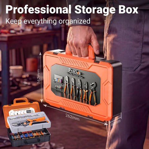 Person holding an orange storage case containing the Crimping Tool Kit With Six Interchangeable Jaws Quick Change Ratchet Crimper.