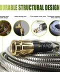 50ft stainless steel garden hose with brass fittings, coiled for outdoor use