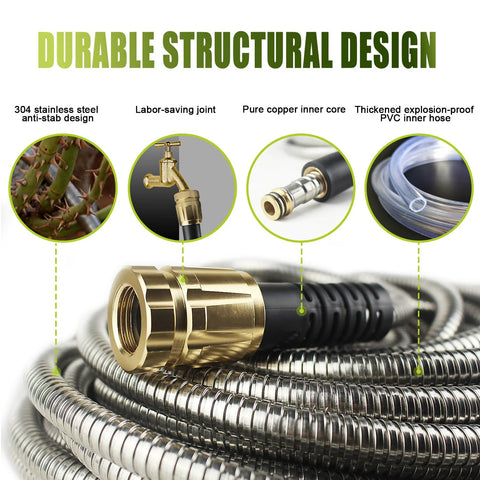 50ft stainless steel garden hose with brass fittings, coiled for outdoor use