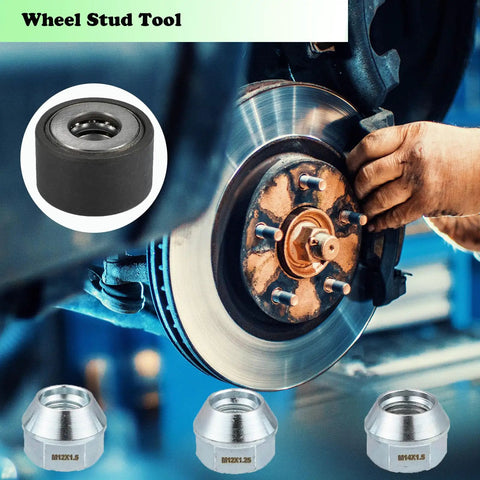 Universal Wheel Stud Installer Tool Set With 3 Hex Lug Nuts For M12x1.25 M12x1.5 M14x1.5, beefy iron build, shown with brake rotor