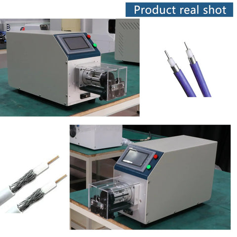 Automatic Coaxial Cable Wire Stripper Machine With Lcd Touch Screen And Precision Ball Screw For Effortless Rf Antenna Stripping on table.