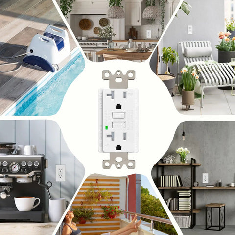 GFCI Outlet 20 Amp Self Test With LED Indicator displayed in various environments including kitchen, bathroom, and outdoor patio.