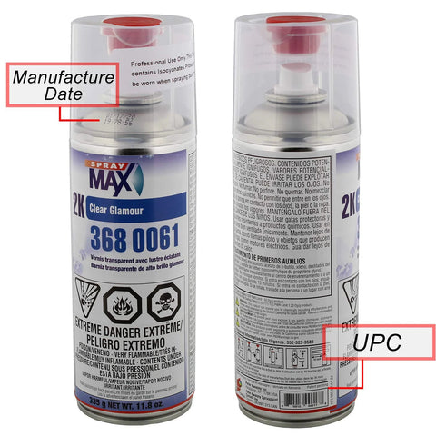 Two Amazon Spray Max 2K Clear Glamour automotive clearcoat aerosol cans, front and back views