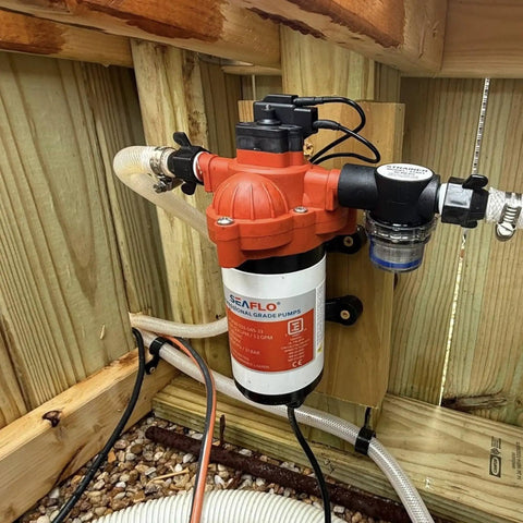 115V AC Heavy-Duty Water Pressure Pump 3.3 GPM at 45 PSI With Self Priming And Smart Pressure Switch installed in wooden frame