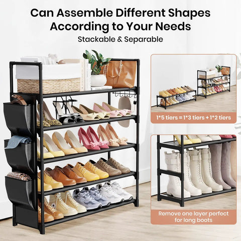 5 Tier Shoe Rack With Hook And Side Pocket, Space Saving Shoe Organizer Holds 20 To 25 Pairs, shown with stacked configuration