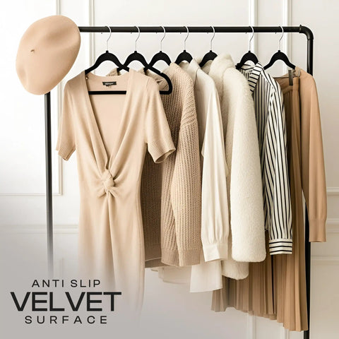 Velvet Hangers 50 Pack Must Have Ultra Slim Non Slip Pant And Coat Hangers With Pants Bar And 360 Degree Swivel Hook Black showcasing wardrobe organization with various garments on hangers.