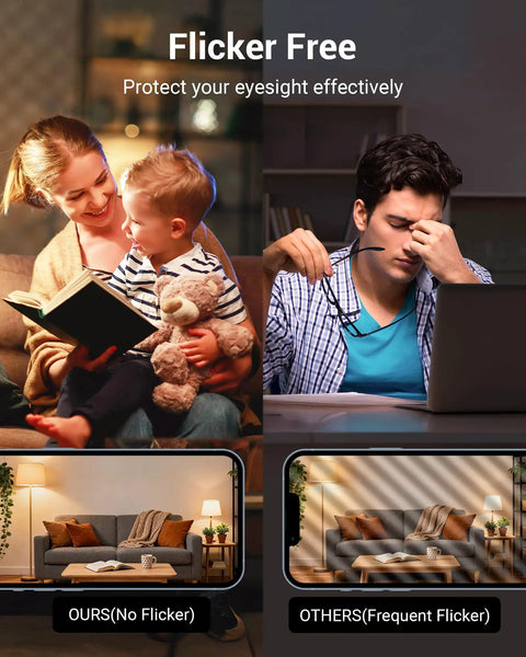 Comparison of flicker-free LED light in living room setting with reading mother and child, versus frequent flicker with stressed man.