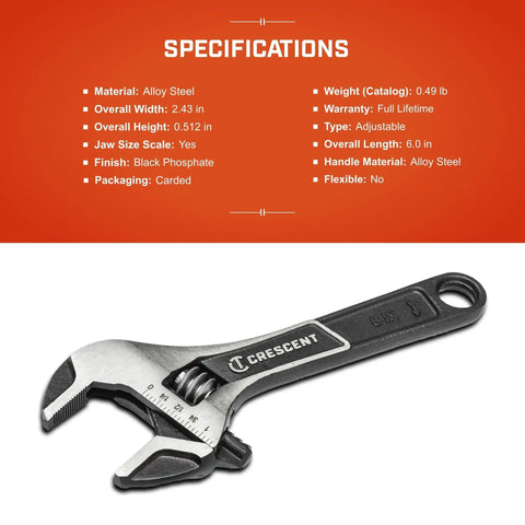 Wide Jaw Adjustable Wrench For Plumbing 6 Inch With Micro Serrations For Superior Grip Go To Tool For Home Improvement Repair And Garage Must Have Versatile Heavy Duty, shown with specifications on packaging.