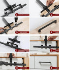 All Aluminum Cabinet Hardware Jig Tool Adjustable Drill Guide Template For Installing Doors Drawers Knobs Handles And Pulls Heavy Duty Aluminum Alloy Construction With Replaceable Bushings For Precision Drilling Pro Grade Do It Yourself Friendly shown in use as step-by-step drilling guide.