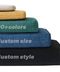 Four stacked cushions showcasing Custom Bench Cushions With Three Firmness Options Soft Medium Or Firm Ninety Plus Waterproof Scratch Resistant Fabric Six Cozy All Weather Indoor Outdoor Designs For Patio Garden And Dining Areas.