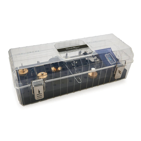 Built Rock Solid Clear Abs Router Bit Storage Organizer Box With Custom Foam Insert And Rechargeable Desiccant Bag To Keep Your Half Inch Quarter Inch And Eight Millimeter Bits Dry In The Workshop, open view with organized bits.