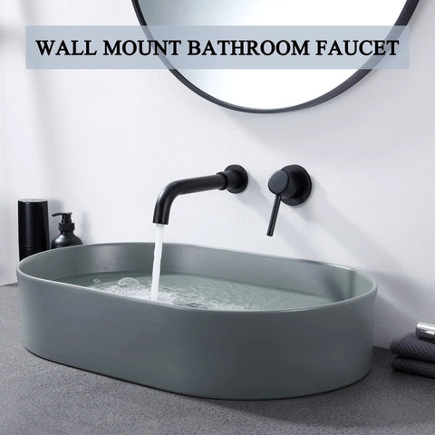 Matte Black Wall Mount Bathroom Faucet With Single Handle 360 Degree Swivel Long Spout Solid Brass Construction Dual Purpose