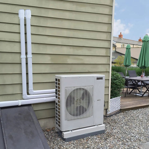 3in 25ft Decorative PVC Line Set Cover Kit for Ductless Mini Split Central AC and Heat Pump Systems installed on house wall