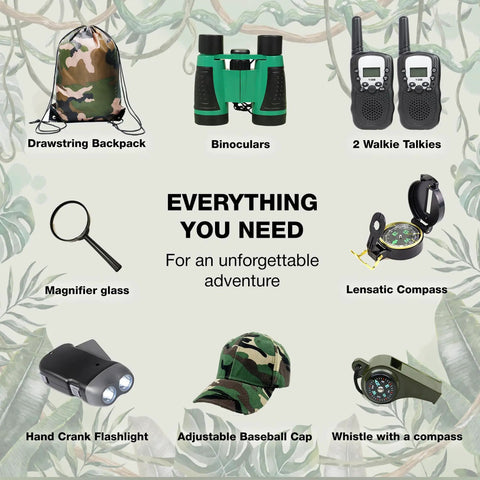 Outdoor Adventure Kit For Kids With Walkie Talkies, Binoculars, Magnifying Glass, Backpack, Compass, Flashlight, and Whistle