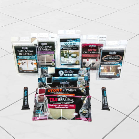Easy To Use Bath And Sink Repair Kit For Chips And Scratches On Ceramic Porcelain And Fiberglass Sinks Tub And Toilet White Color Matching System For DIY Friendly Quick Touch Ups That Last displayed among various repair kits on a tiled floor