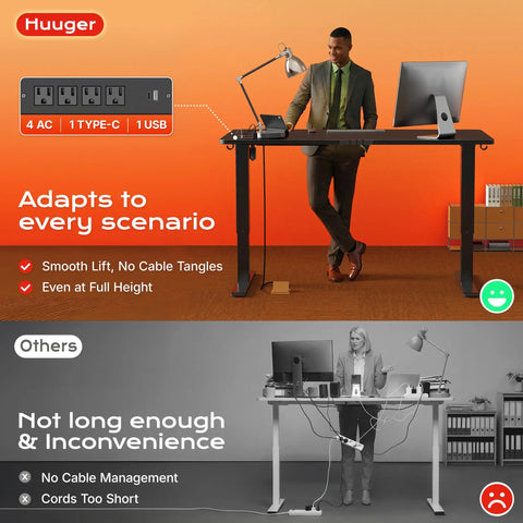 Electric Standing Desk 47 By 24 Inch With Built In Power Outlets And USB C Port Height Adjustable shown in workspace setting.