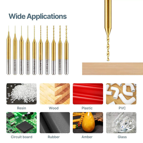 10 Pcs Micro Drill Bit Set 0.2mm to 1.1mm With 1 Eighth Inch Shank Spiral Flute CNC for Resin, Wood, Plastic, PCB, and Glass.