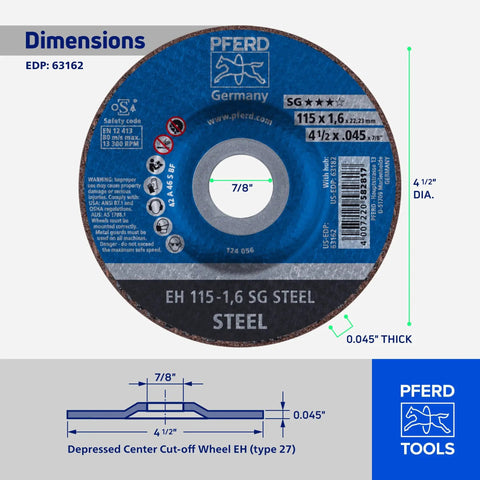 4-1/2 Inch Type 27 SG Cut Off Wheel For Steel And Stainless INOX Metal Cutting Disc Aluminum Oxide 13,300 RPM Max 7/8 Inch Arbor Depressed Center Grinder Wheel 25 Pack Part 63162 showing dimensions and labels
