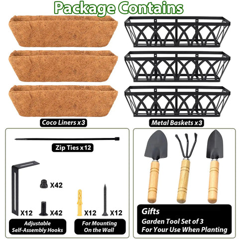 Three Pack 24 Inch Deck Railing Planter With Coconut Coir Liner For Outdoor Garden Balcony Fence Hanging Flower Planter Baskets set