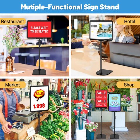 Adjustable Poster Sign Stand 8.5 By 11 Inches For Table Top And Floor Use in restaurant, hotel, market, and shop settings.