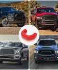 Collage of Dodge RAM trucks and red tow hitch cover, showcasing Dodge RAM Tow Hitch Covers 2019 to 2026 Thickened Upgrade 2 Pack Red