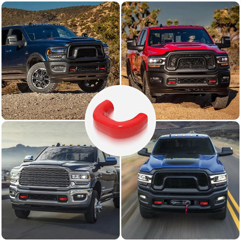 Collage of Dodge RAM trucks and red tow hitch cover, showcasing Dodge RAM Tow Hitch Covers 2019 to 2026 Thickened Upgrade 2 Pack Red