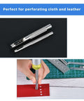 14-Piece Rivet Setter Kit For Leather Work shown with tools on black background and a hand using punch on red leather sheet