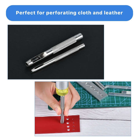 14-Piece Rivet Setter Kit For Leather Work shown with tools on black background and a hand using punch on red leather sheet